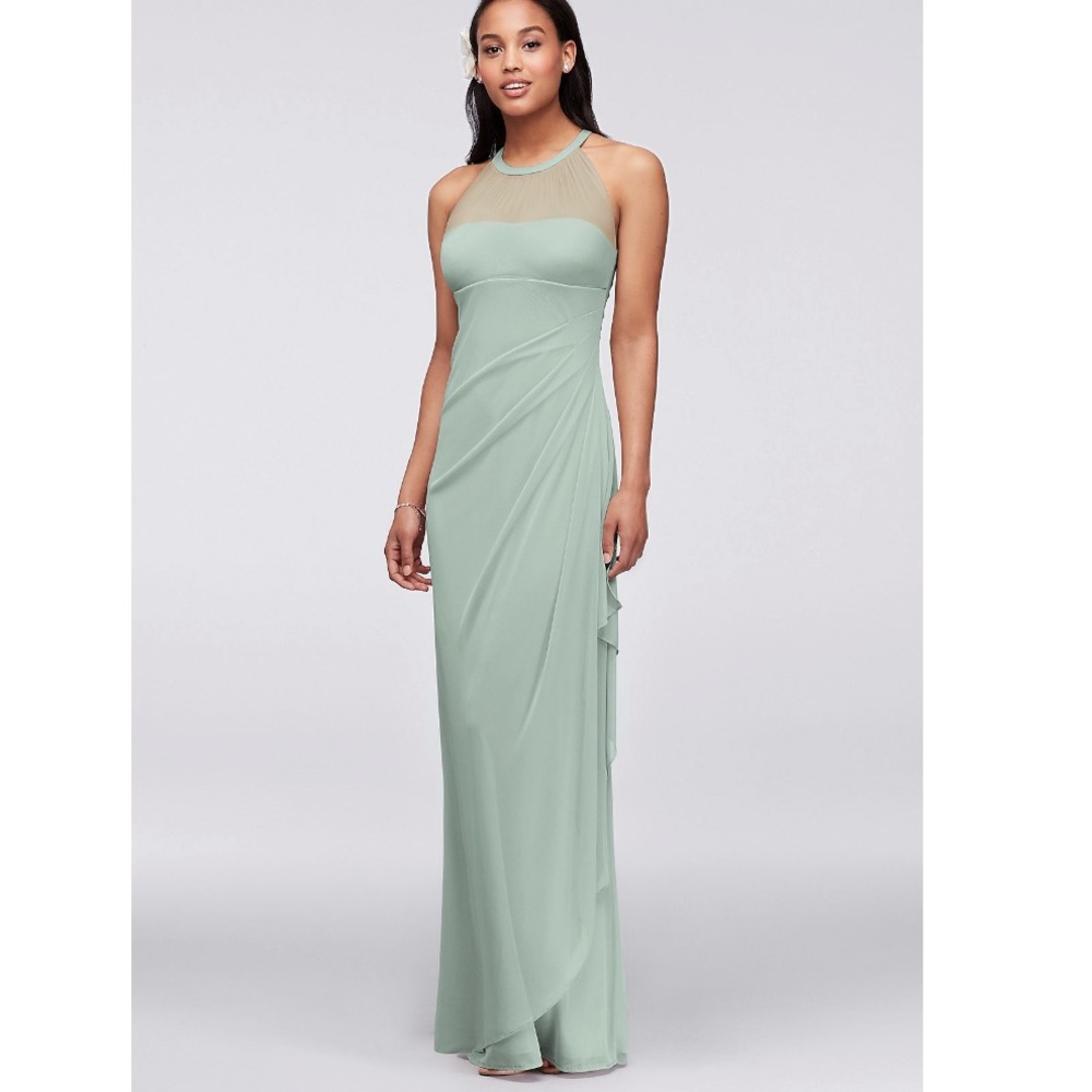 David’s Bridal long mesh dress with illusion halter neckline